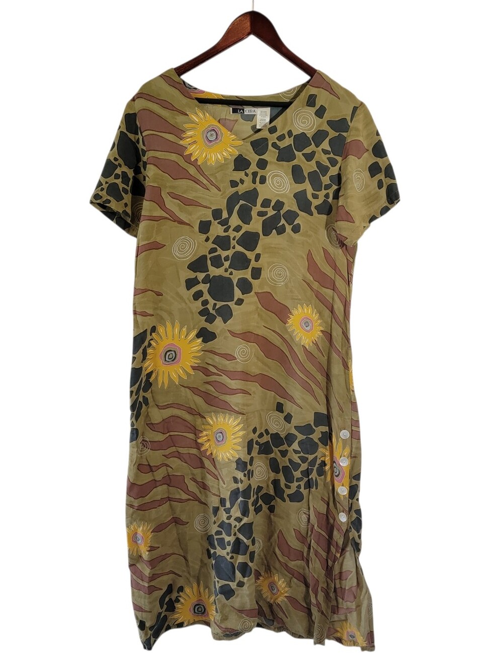 VTG 80s LA CERA Sun Flower Tunic Dress Sz M Side Button Resort Cottagecore Beach